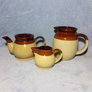 Vintage 3-Piece Ombre Brown Tan Primitive Stoneware Set Teapot Pitcher Creamer